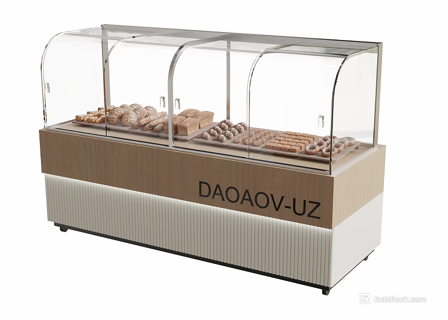 Dessert Shop Glass Display Case with Fresh Pastries and Breads Wooden and Beige Design 3d model 
