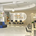 Modern Service Hall Interior With Open Counter Workstations And Green Plants 3d model