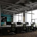 Modern Bright Public Office Space With Work Desks Computer Monitors Ergonomic Chairs And Large Windows 3d model