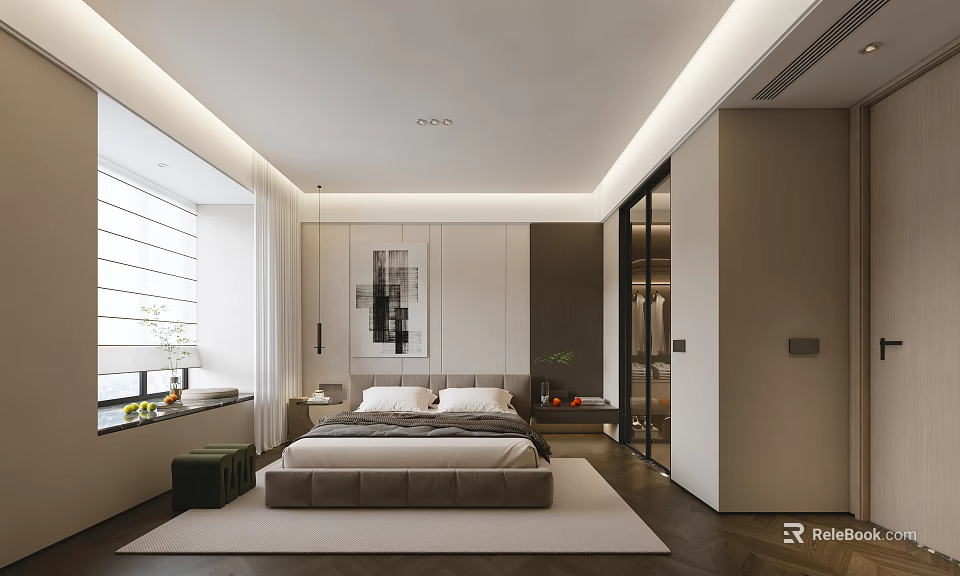 Modern Minimalist Bedroom Interior With Comfortable Bed Nightstand Window Wardrobe And Artwork 3d model 