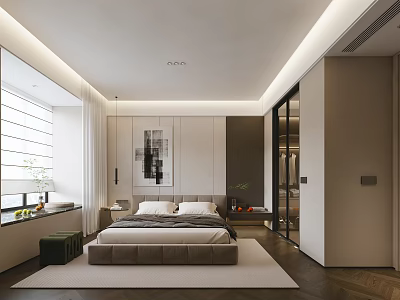 Modern Minimalist Bedroom Interior With Comfortable Bed Nightstand Window Wardrobe And Artwork 3d model