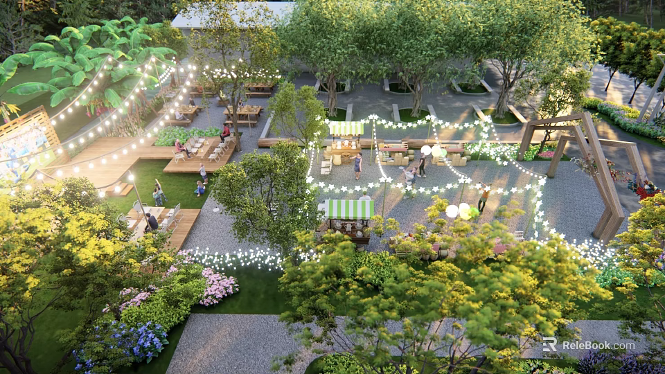 Garden Landscape Design With Lush Trees String Lights Seating Areas And Colorful Flowers 3d model 