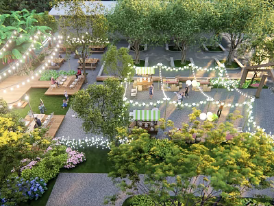 Garden Landscape Design With Lush Trees String Lights Seating Areas And Colorful Flowers 3d model