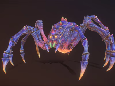 Colorful Fantasy Spider Creature With Mechanical Legs Glowing Eyes And Metallic Joints 3d model