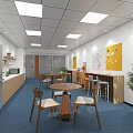 Modern Break Room With Blue Carpet Bar Counter Tables Chairs Plants Cabinets And Bulletin Board