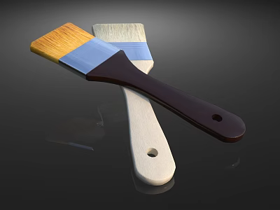 Household Brushes With Dark And Light Wooden Handles And Yellow Bristles 3d model