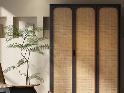 Modern Three Door Rattan Wardrobe With Dark Wood Frame And Natural Light Interior 3d model