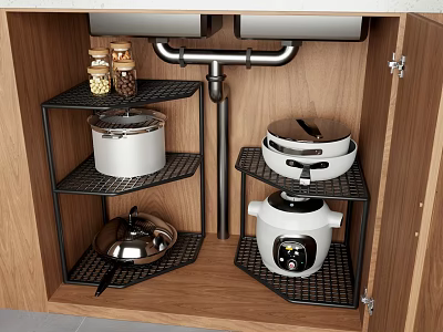 Black Under Sink Cabinet Shelves Holding Kitchen Pots Rice Cooker Jars 3d model