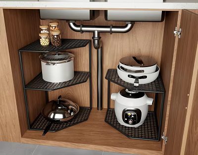 Black Under Sink Cabinet Shelves Holding Kitchen Pots Rice Cooker Jars 3d model