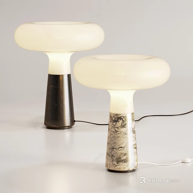 Two Modern Mushroom Shaped Table Lamps With White Lampshade And Dark Marble Texture Bases 3d model 