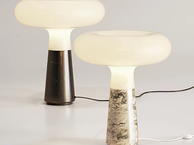 Two Modern Mushroom Shaped Table Lamps With White Lampshade And Dark Marble Texture Bases 3d model