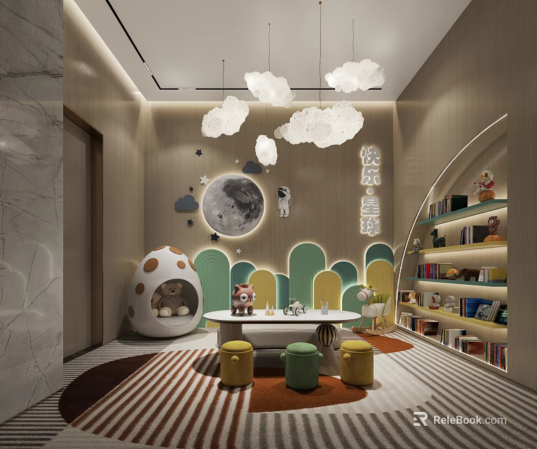 Colorful Kids Activity Room With Cloud Pendant Lights Moon And Astronaut Decor 3d model 