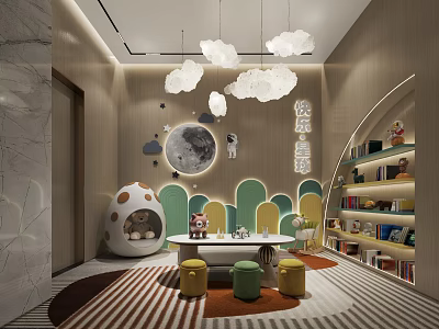 Colorful Kids Activity Room With Cloud Pendant Lights Moon And Astronaut Decor 3d model
