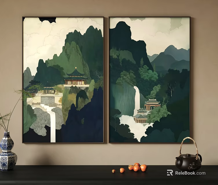 Traditional Chinese Landscape Painting With Green Mountains Temple Waterfall And Mist 3d model 