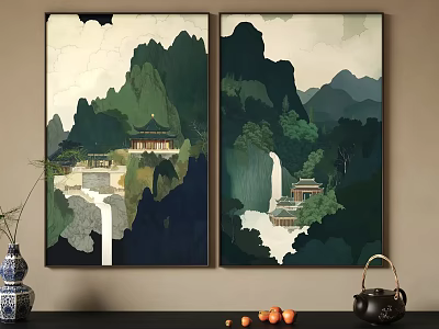Traditional Chinese Landscape Painting With Green Mountains Temple Waterfall And Mist 3d model