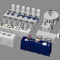Wedding Reception Setup With White Chairs Blue White Tablecloths Flower Arrangements And Food