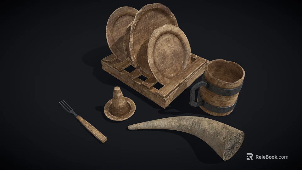 Rustic Kitchen Appliances With Wooden Plates Tray Mug Fork And Horn 3d model 