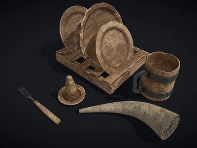 Rustic Kitchen Appliances With Wooden Plates Tray Mug Fork And Horn 3d model