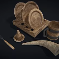Rustic Kitchen Appliances With Wooden Plates Tray Mug Fork And Horn