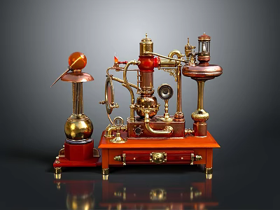 Ornate Vintage Steampunk Mechanical Devices With Wooden Base And Brass Components 3d model