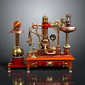 Ornate Vintage Steampunk Mechanical Devices With Wooden Base And Brass Components