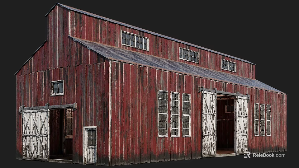 Old Red Wooden Barn Building With Weathered Siding White Doors And Gray Roof 3d model 
