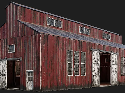 Old Red Wooden Barn Building With Weathered Siding White Doors And Gray Roof 3d model