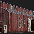 Old Red Wooden Barn Building With Weathered Siding White Doors And Gray Roof