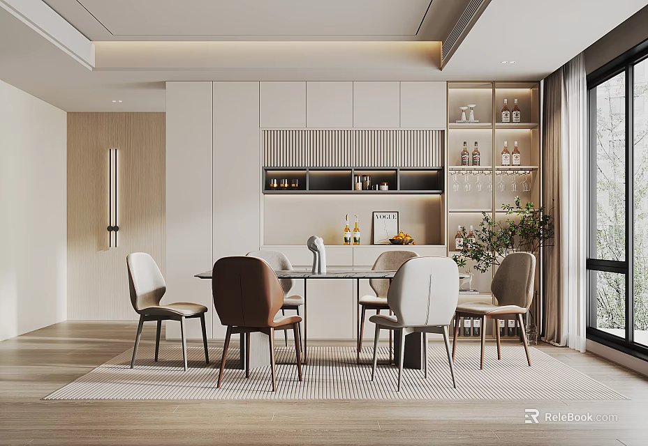 Modern Restaurant Interior With Wooden Dining Table Upholstered Chairs Decorative Shelving And Green Plants 3d model 