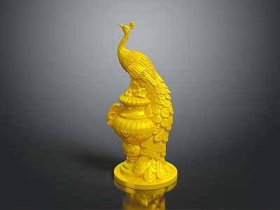 Golden Peacock Statue Perched On Decorative Vessel With Gradient Background 3d model