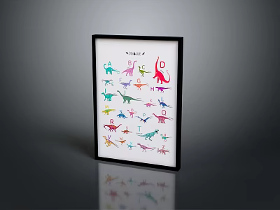 Various Colored Dinosaur Art Print With White Background In Black Frame On Gray Surface 3d model