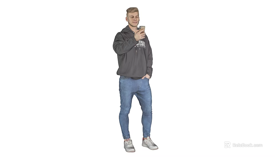 The Man Holding Mobile Phone In Dark Hoodie Blue Jeans And White Sneakers 3d model 