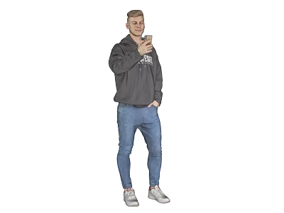 The Man Holding Mobile Phone In Dark Hoodie Blue Jeans And White Sneakers 3d model