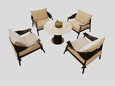 Modern Leisure Sofa Set With Four Beige Armchairs Round Table And Green Plant 3d model