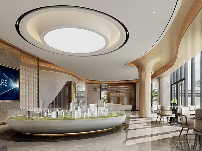 Modern Sales Office Interior With Circular Building Model And Large Windows 3d model