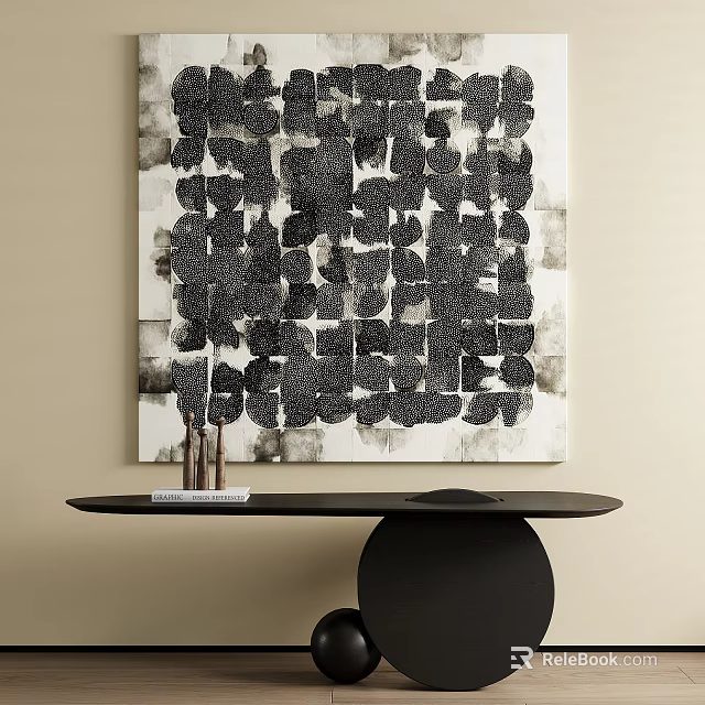 Abstract Painting With Black White Irregular Block Patterns On Light Wall And Black Table Decor 3d model