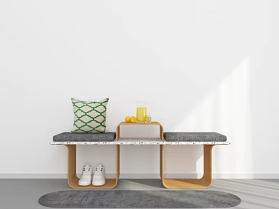 Cozy Entryway Corner With Bench Green Checkered Pillow Orange Juice White Shoes And Gray Rug 3d model
