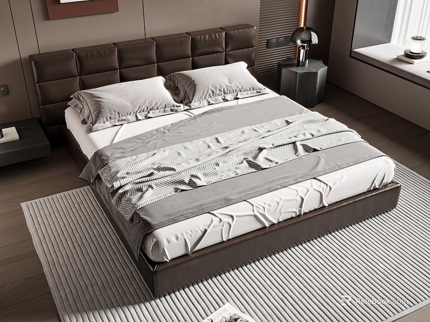 Modern Double Bed With Tufted Headboard Gray White Bedding And Wooden Floor Rug 3d model 