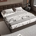 Modern Double Bed With Tufted Headboard Gray White Bedding And Wooden Floor Rug