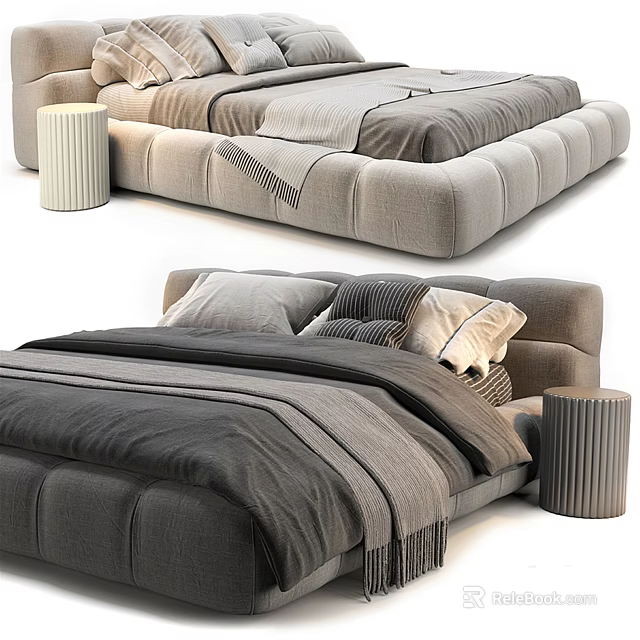Modern Gray Double Bed With Soft Bedding Pillows And Cylindrical Bedside Table 3d model