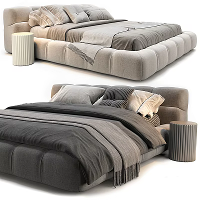 Modern Gray Double Bed With Soft Bedding Pillows And Cylindrical Bedside Table 3d model