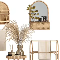 Stylish Bathroom Accessories Including Rattan Shelves Towel Racks Storage Baskets Fragrance Bottles And Decorative Plants