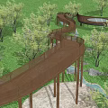 Winding Wooden Boardwalk Pathway Surrounded by Green Grass Trees Stones and Stream