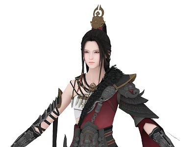 Ancient Female Warrior Character With Mythical Bird Feather Decor Golden Headdress And Red Black Armor 3d model