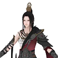 Ancient Female Warrior Character With Mythical Bird Feather Decor Golden Headdress And Red Black Armor