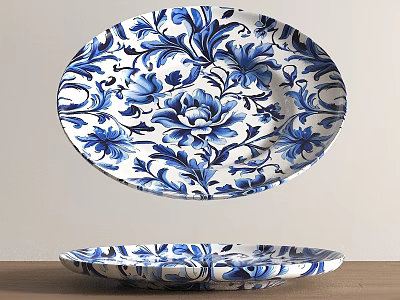 Blue And White Floral Ceramic Plates With Intricate Design Details 3d model