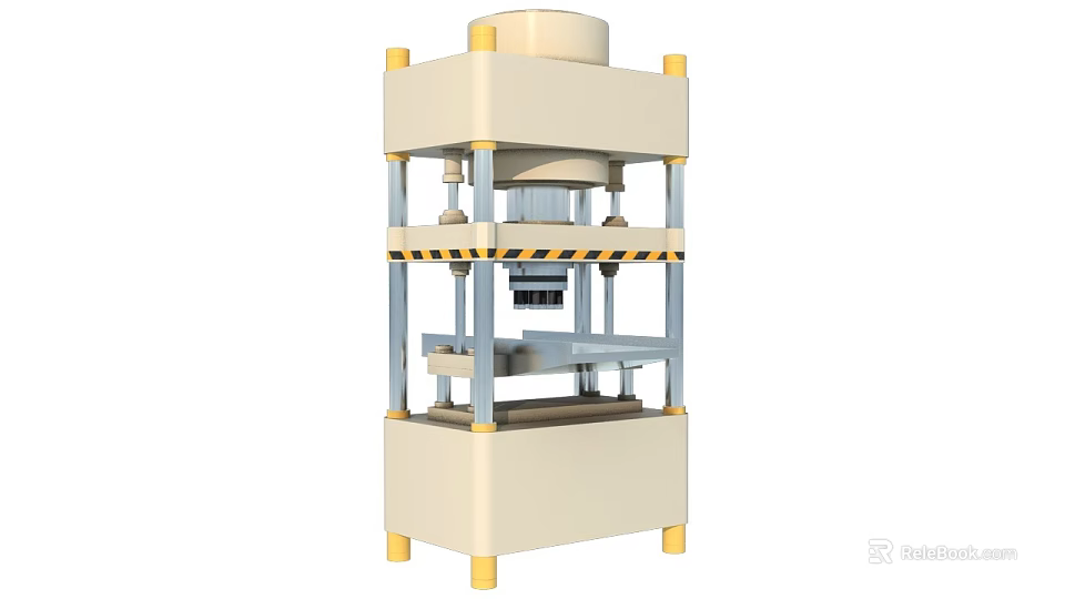 Industrial Hydraulic Press With Multi Layer Frame Yellow Columns Worktable Pressing Head And Warning Stripes 3d model 