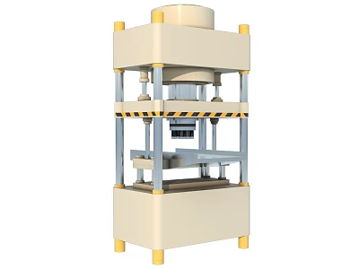 Industrial Hydraulic Press With Multi Layer Frame Yellow Columns Worktable Pressing Head And Warning Stripes 3d model