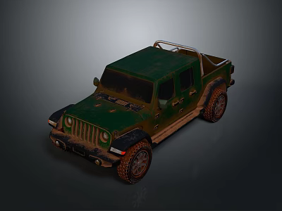 Green Vintage Off Road Jeep Truck With Muddy Exterior And Cargo Bed 3d model