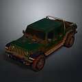 Green Vintage Off Road Jeep Truck With Muddy Exterior And Cargo Bed